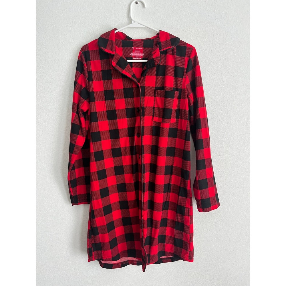 Pajamarama Womens Red Black Buffalo Plaid Nightshirt Button Front Pajamas Small